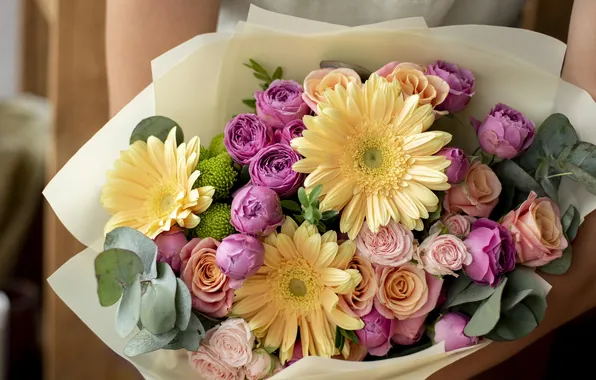 Leaves, flowers, roses, bouquet, yellow, hands, pink, orange