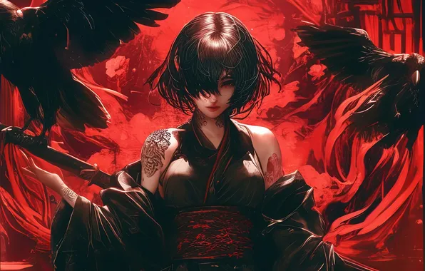Girl, Anime, Katana, Kimono, Crow, Red Background, Anime Girl, AI Art