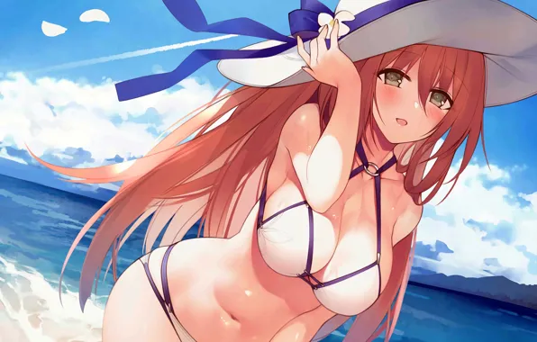 Wallpaper girl, sexy, cleavage, beach, long hair, sea, boobs, anime