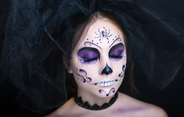 Picture woman, brunette, makeup, day of the dead