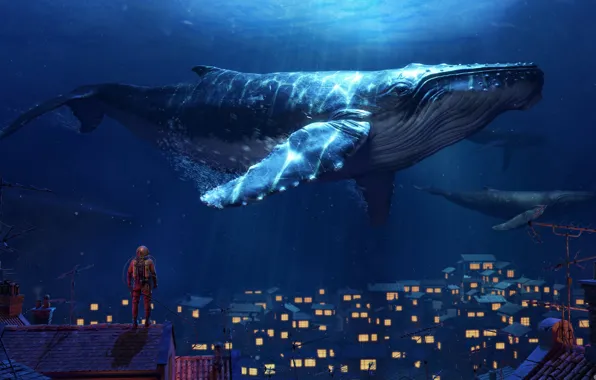 Home, The ocean, Sea, The city, Kit, Whales, Fantasy, Art