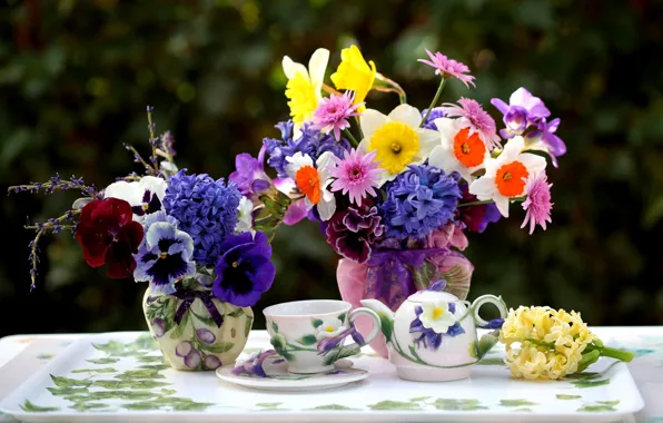 Picture summer, bright colors, flowers, summer, flowers, blurred background, vases, teapot