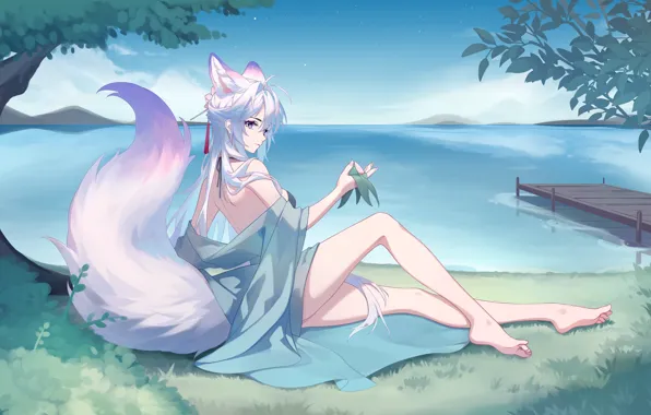 The sky, water, girl, trees, nature, Fox