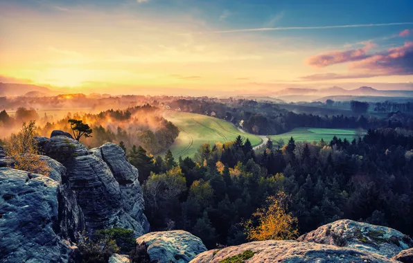 Picture autumn, the sky, the sun, trees, fog, rocks, valley