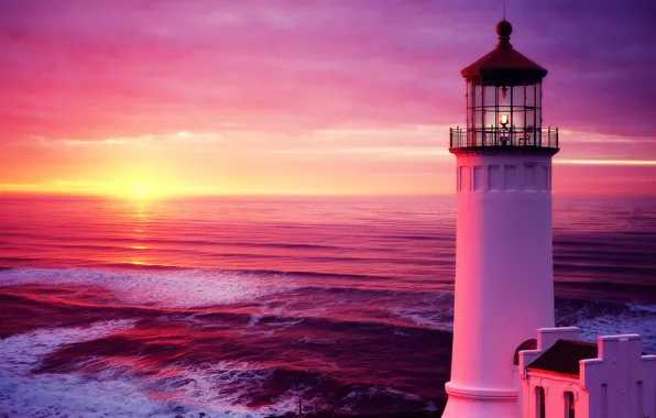Sea, wave, the sky, sunset, lighthouse, sky, sunset