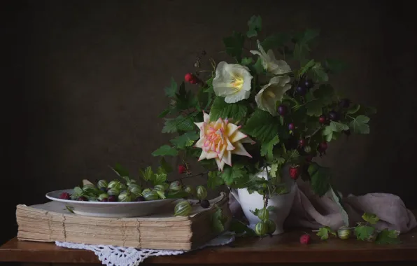 Leaves, berries, table, food, roses, bouquet, plate, fabric