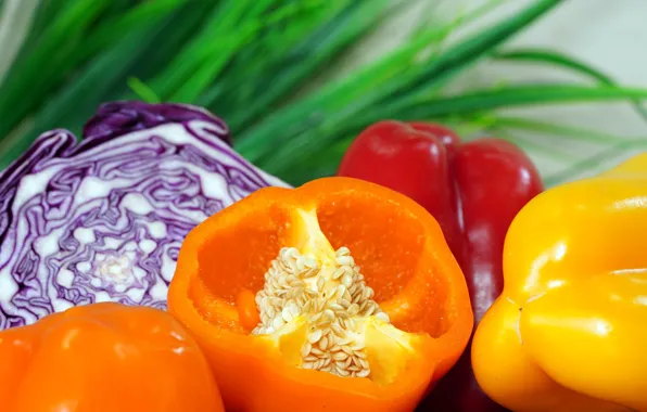 Greens, close-up, yellow, red, seeds, bow, pepper, vegetables