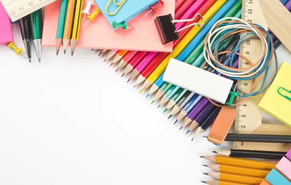 Pencils, white background, handle, colorful, clip, eraser, accessories, stationery