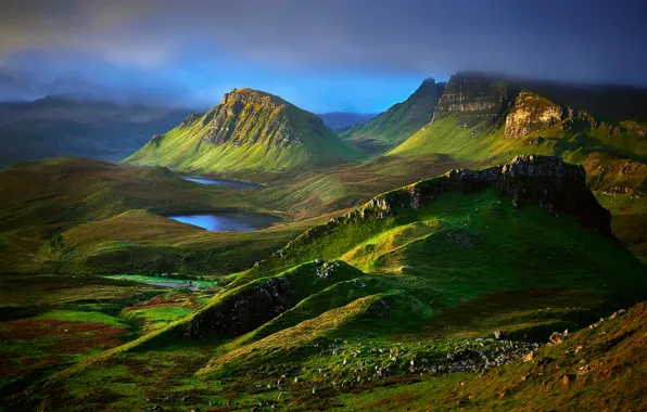 Clouds, mountains, clouds, rocks, hills, morning, valley, Scotland