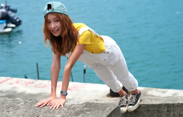 Water, smile, positive, smile, water, concrete blocks, positive, cute girl