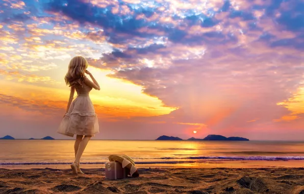 Picture sea, landscape, sunset, doll