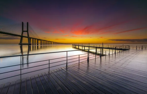 Sea, sunset, bridge