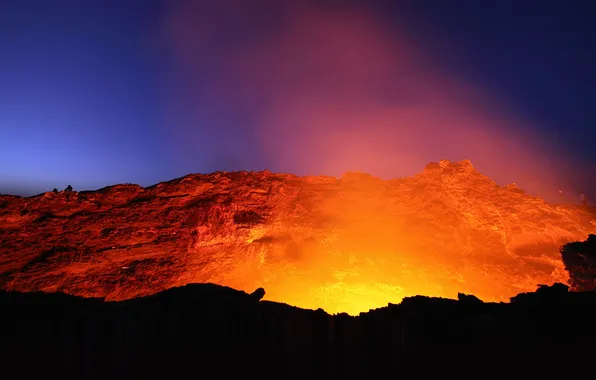 The sky, light, landscape, mountains, night, fire, the volcano