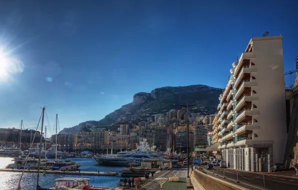 Road, the sun, the city, boats, pier, France, Monaco