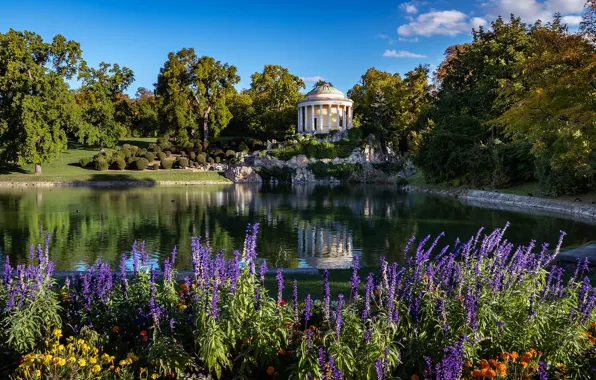 Summer, trees, flowers, shore, columns, gazebo, rotunda, pond