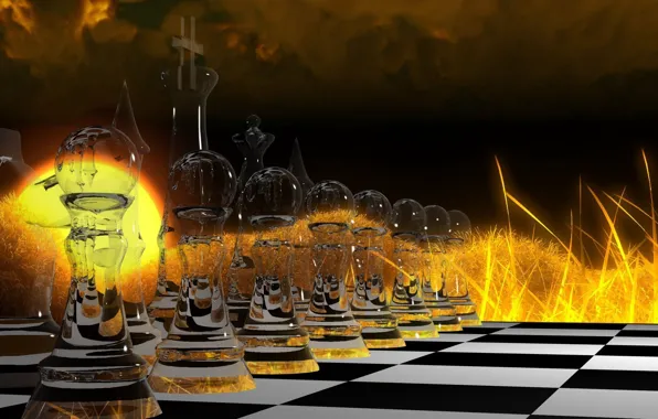 Picture glass, abstraction, fire, the game, chess, abstract, cells, fire