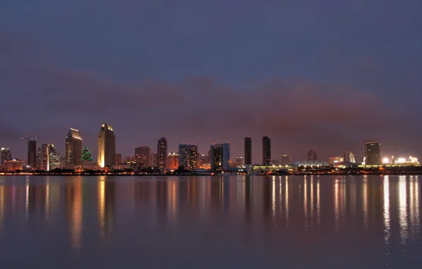 City, lights, water, buildings