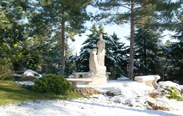 Winter, greens, the sky, Trees, statues, bench