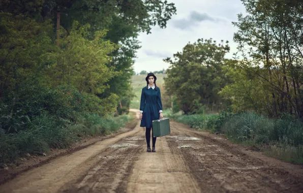 Road, girl, dress, braids, suitcase, hat