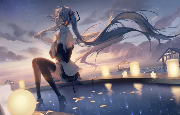 Picture water, clouds, the wind, lights, vocaloid, hatsune miku, blue hair, the reflection in the water