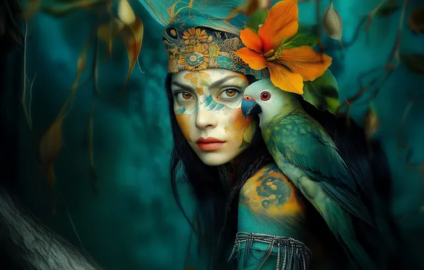 Flower, look, girl, decoration, face, pose, bird, paint