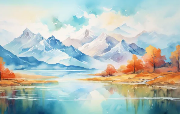 Autumn, forest, clouds, snow, trees, landscape, mountains, nature