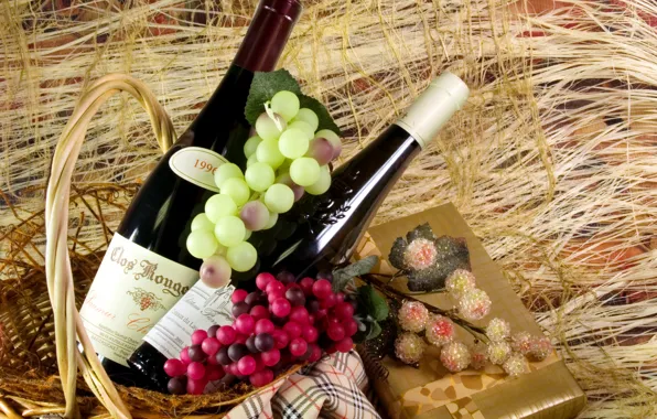 Gift, wine, basket, grapes, muffler