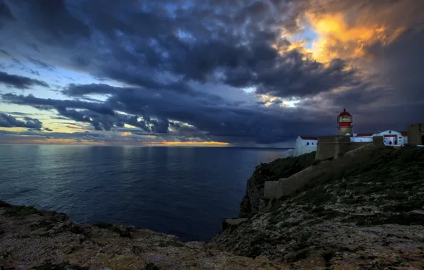 Picture sea, the sky, clouds, sunset, coast, lighthouse, Bay, horizon