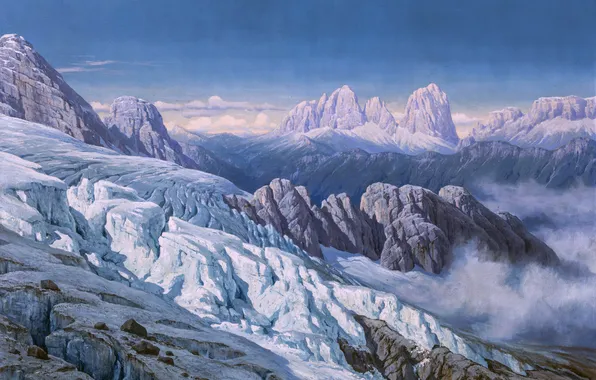 Mountains, Snow, Picture, German artist, Rudolf Reschreiter, Rudolf Reschreiter, Sassolungo Group from Marmolada Glacier