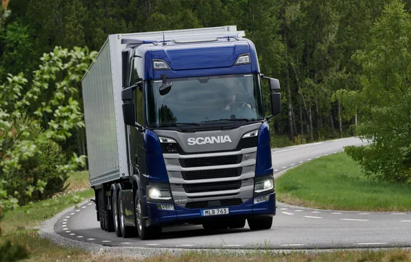 Picture road, blue, Scania, tractor, triaxial, the trailer, 2019, R-series