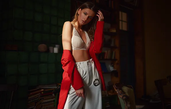 Girl, pose, jacket, bra, pants, Sergey Fat, Sergey Zhirnov, Alexander Chashchina