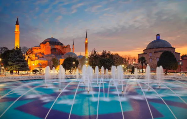 The evening, fountain, Istanbul, Turkey, the minaret, Aza-Sofia, Hagia Sophia