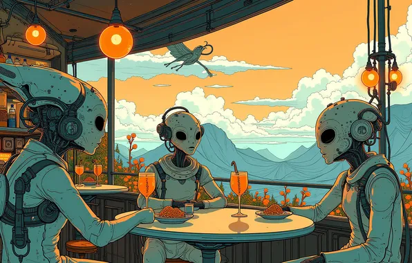 UFO, cafe, drinks, aliens, comic book stylization