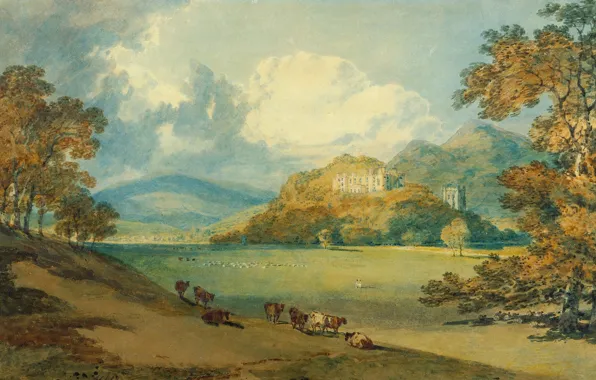 Trees, landscape, mountains, castle, picture, valley, cows, William Turner