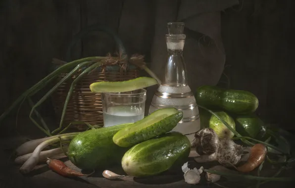 Picture glass, basket, bow, still life, cucumbers, garlic, decanter, moonshine