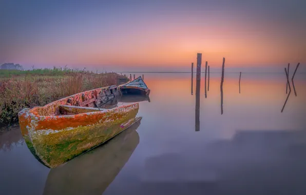 Sunset, lake, boat