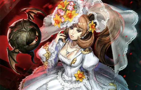 Flowers, eyes, being, neckline, the bride, veil, art, wedding dress