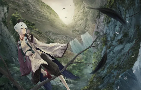 Girl, trees, landscape, mountains, bird, waterfall, art, akaikitsune