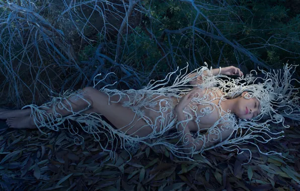 Erotic, chest, girl, branches, nature, pose, fantasy, feet
