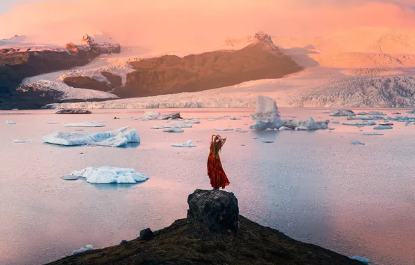 Ice, winter, water, girl, snow, mountains, freshness, pose