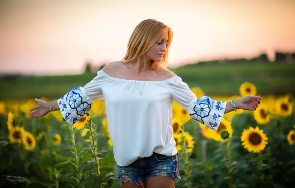 Picture field, summer, girl, sunflowers, face, hair, shorts