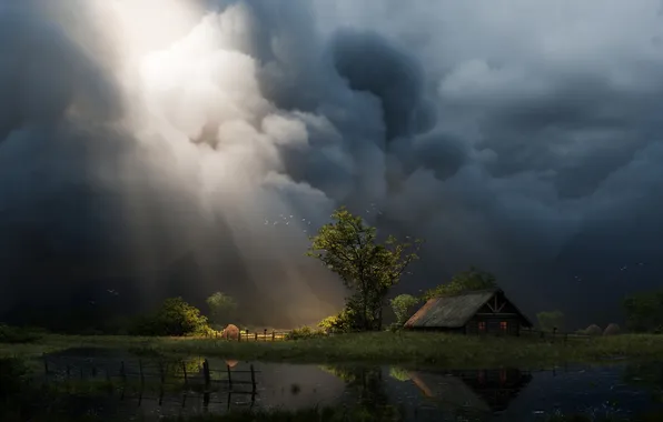 Pond, hut, illustration, digital art, artwork, Illustration, CGI, a beam of light