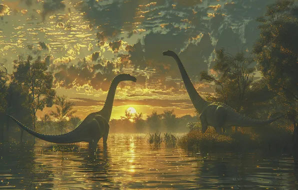 Clouds, Trees, River, Dawn, Two, Animals, Digital art, Dinosaurs