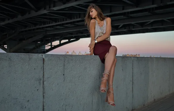 Picture girl, bridge, pose, skirt, hands, legs, the parapet, Dmitry Shulgin