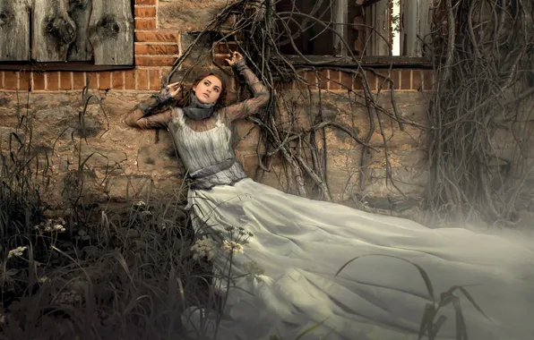 Girl, branches, pose, style, mood, hands, dress, Elizabeth