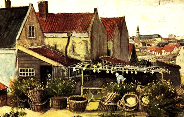 Picture houses, the bushes, basket, Vincent van Gogh, Fish-Drying Barn