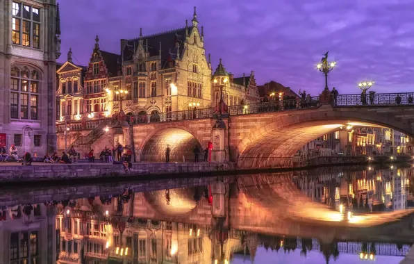 Night, bridge, lights, Belgium, Ghent