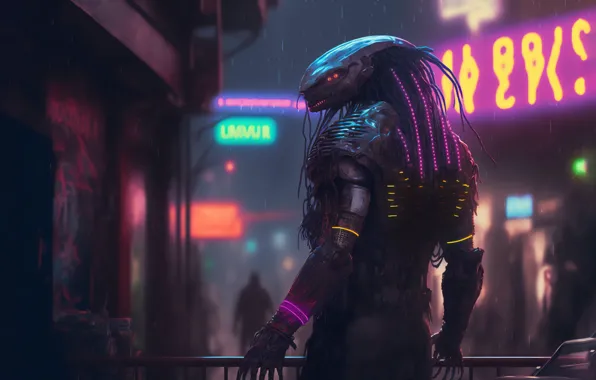 The city, lights, advertising, stranger, helmet, cyberpunk, dreadlocks, hunter