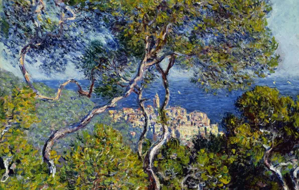 Trees, landscape, the city, picture, Claude Monet, Bordighera
