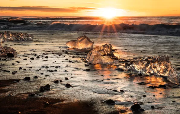 Ice, winter, sea, wave, the sky, the sun, clouds, rays